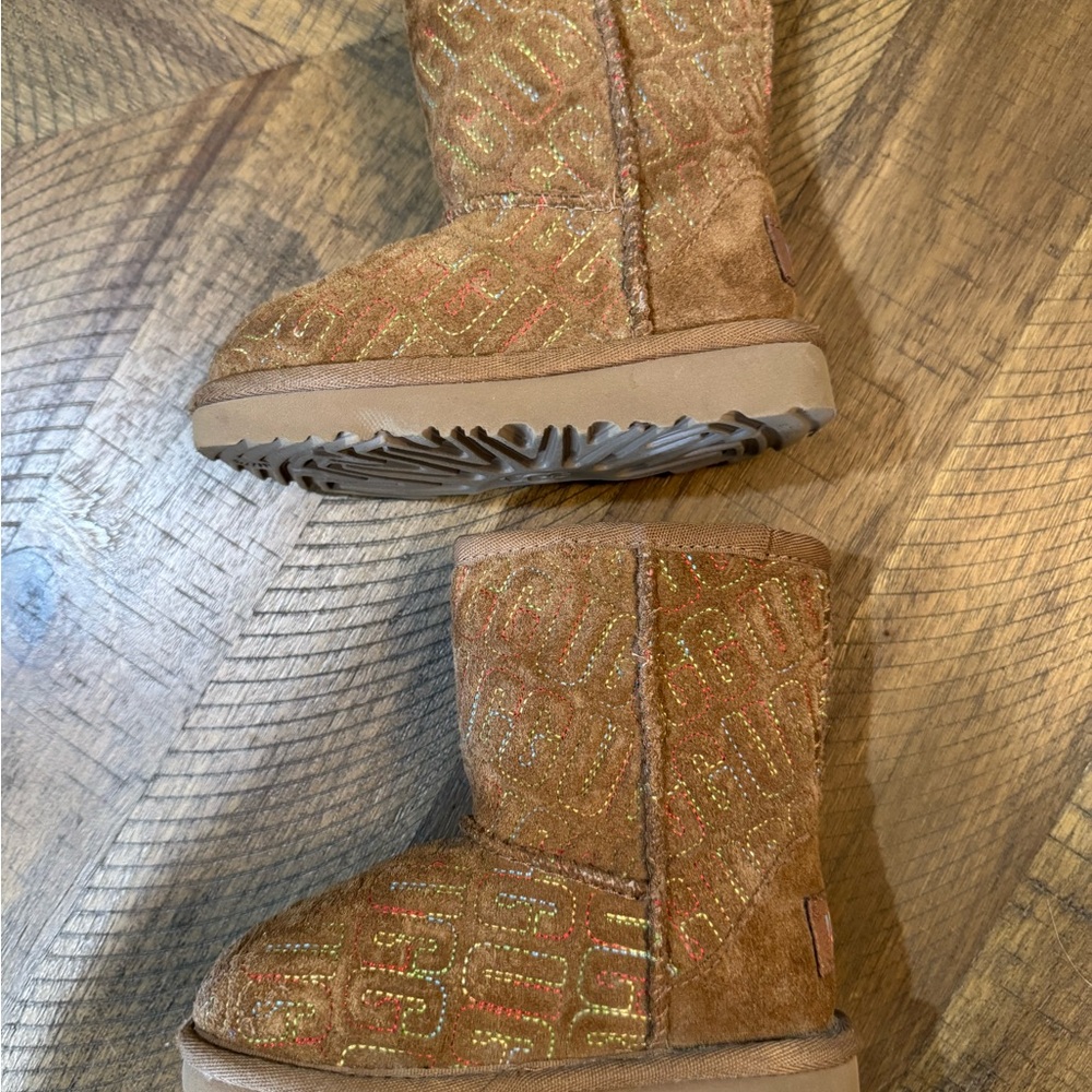 UGG Kids All Over Print Chestnut Boots With Rainbow Stitching - Picture 9 of 12